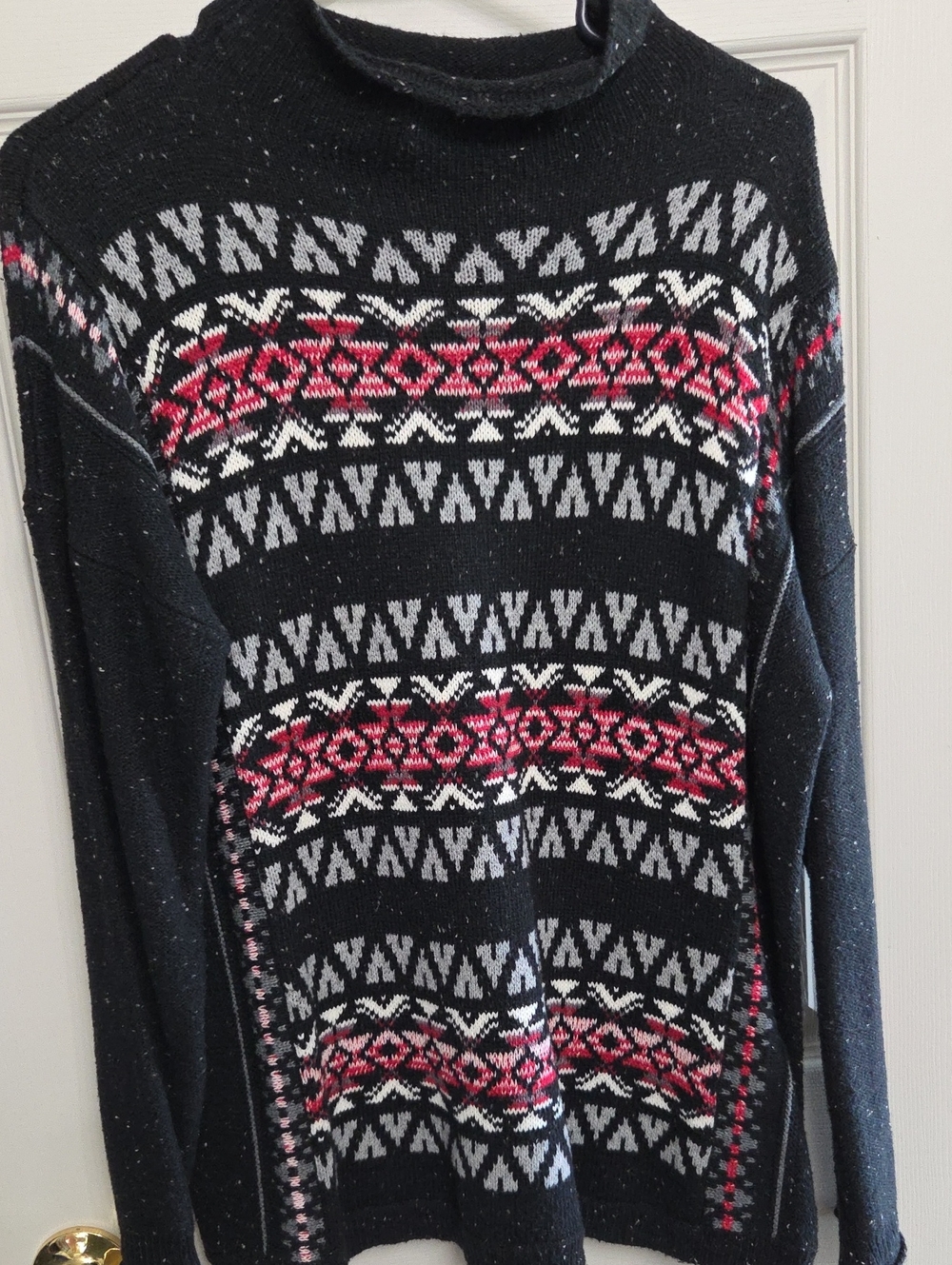 Black Fair Isle Patterned Women's Sweater - Red & White Accents
